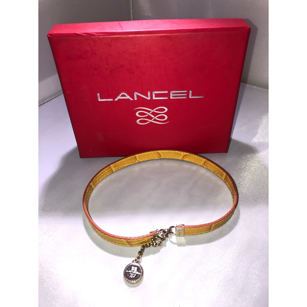 Lancel Paris Yellow Croc Embossed‎ Leather Choker Necklace Gold Logo Charm Box